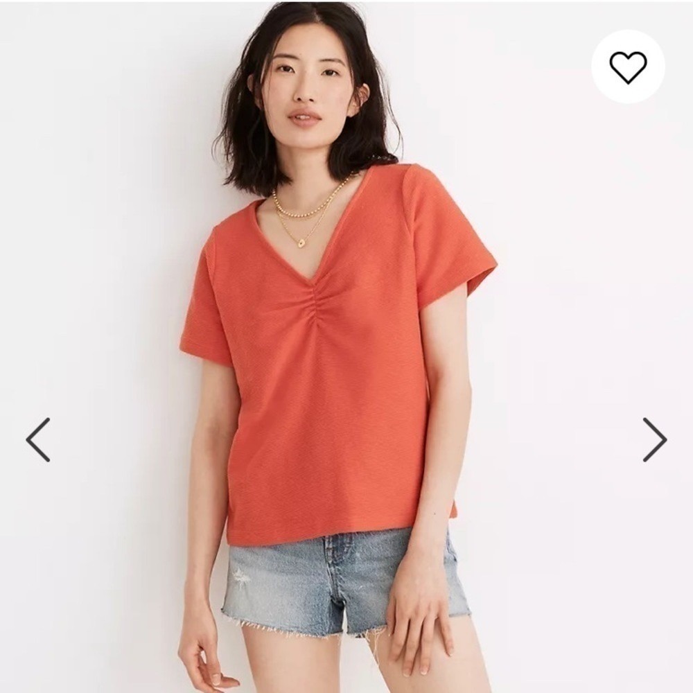Madewell Womens Ruched V-Neck Short Sleeve Textured Slub Knit Top Orange M